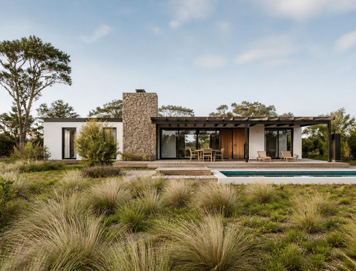 Casa contemporánea rodeada de vegetación en Uruguay